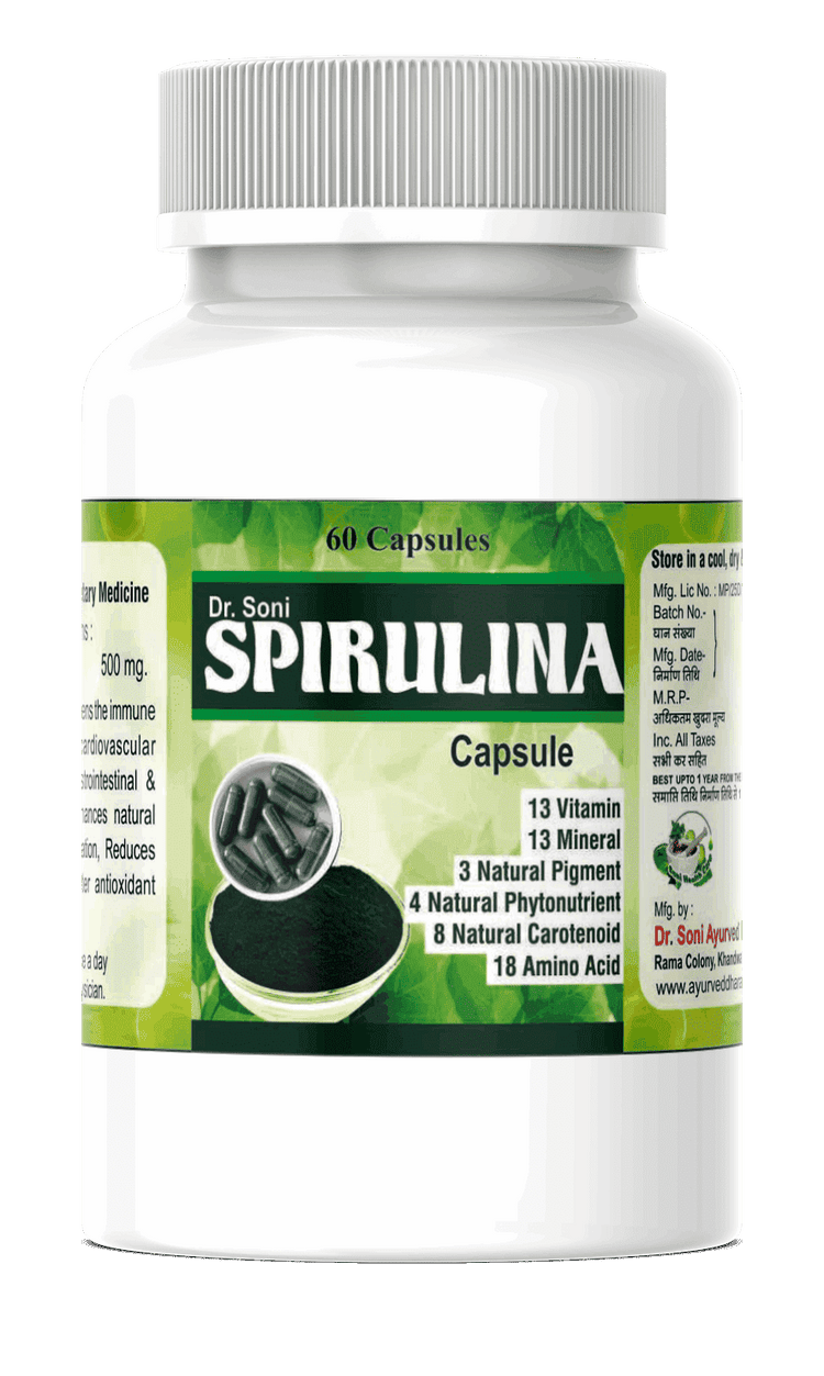 Dr. Soni Organic Spirulina Capsules Supplement | Green Food for Good Health Weight Management & Immunity Booster | Helps In Healthy Heart Capsules (60 Capsule),Weight Management Vitamin A Triglyceride Reduce blood pressure Protein Potassium Organic Spirulina Capsules Nutrients and vitamins natural ways to boost immunity LDL Immunity Booster Green Food Calcium Boost immunity Antioxidants Anti-inflammatory Anti-cancer