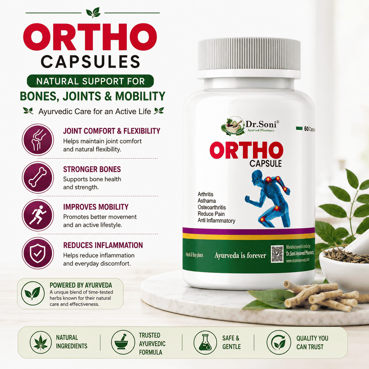Dr. Soni Ortho Capsules | Joint Pain Relief, Gout & Arthritis Support | Bone & Cartilage Strength | Natural Anti-Inflammatory Herbal Supplement | 60 Veg Capsules