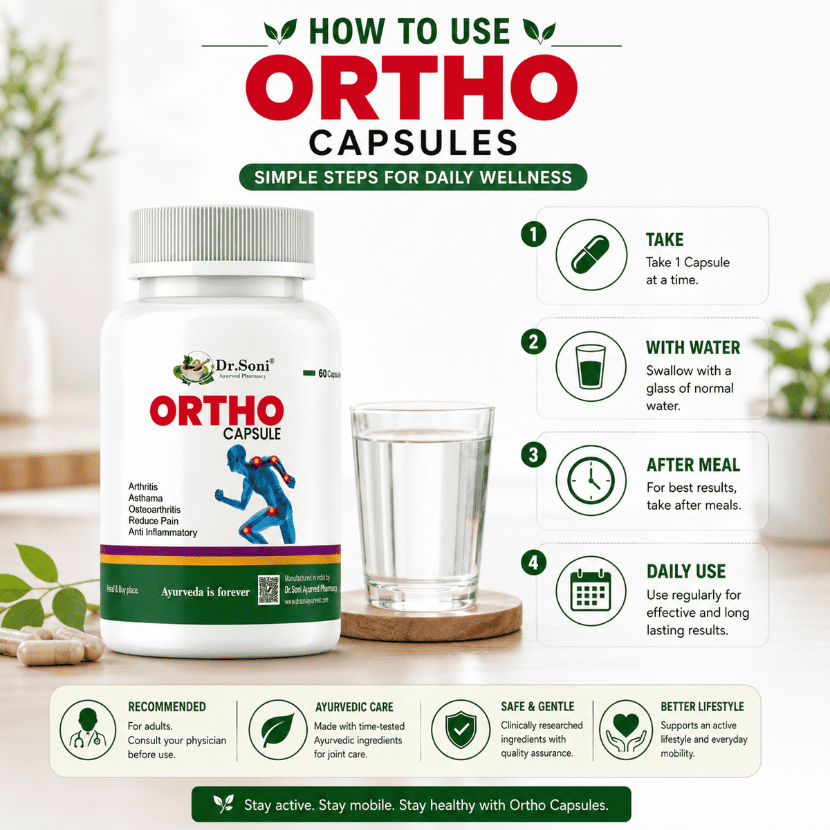 Dr. Soni Ortho Capsules | Joint Pain Relief, Gout & Arthritis Support | Bone & Cartilage Strength | Natural Anti-Inflammatory Herbal Supplement | 60 Veg Capsules