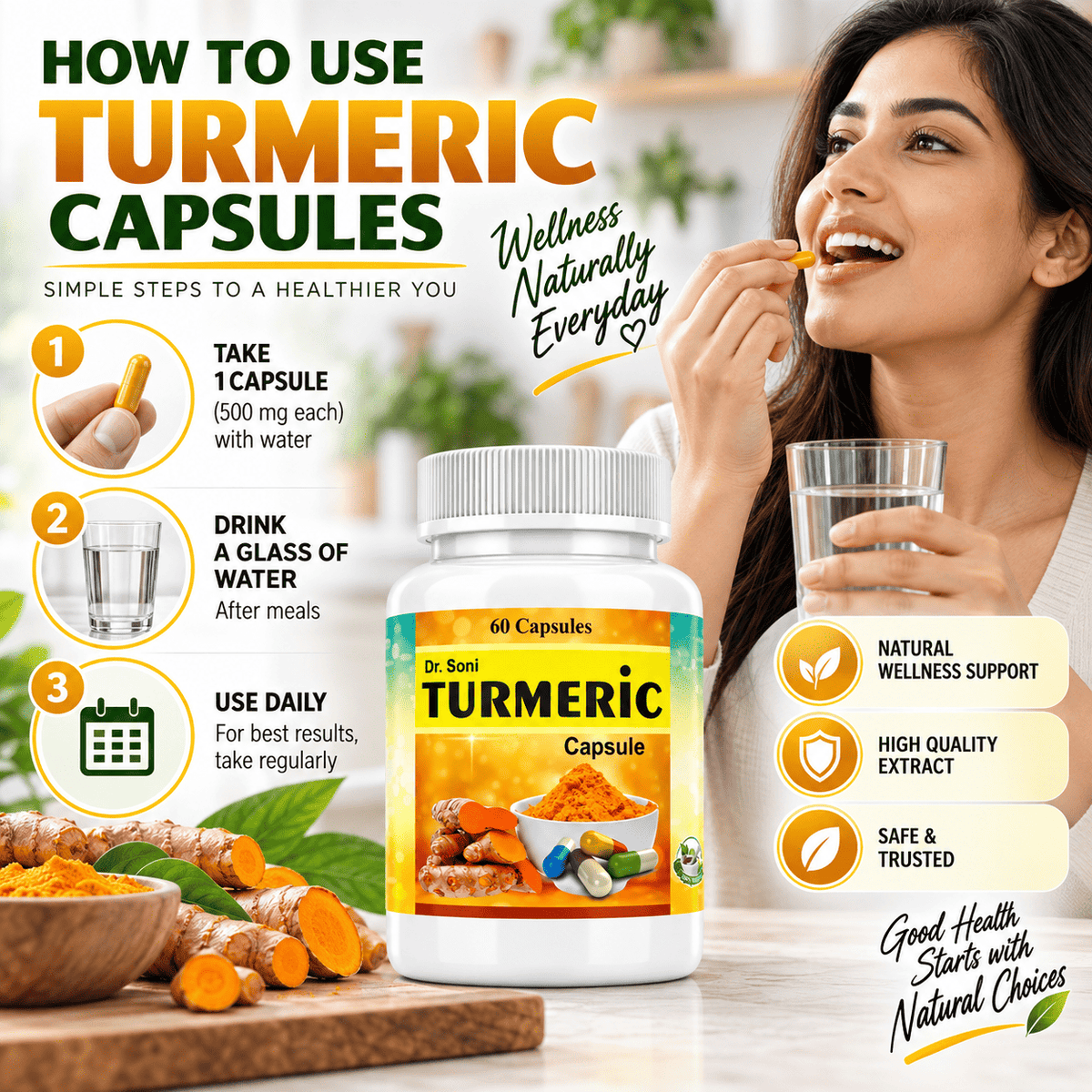 Dr.Soni Turmeric Curcumin for Boosts Immunity and Overall Health | Anti-Inflammatory | Antioxidant | - 60 Capsules Pack of 1 Extract Capsule