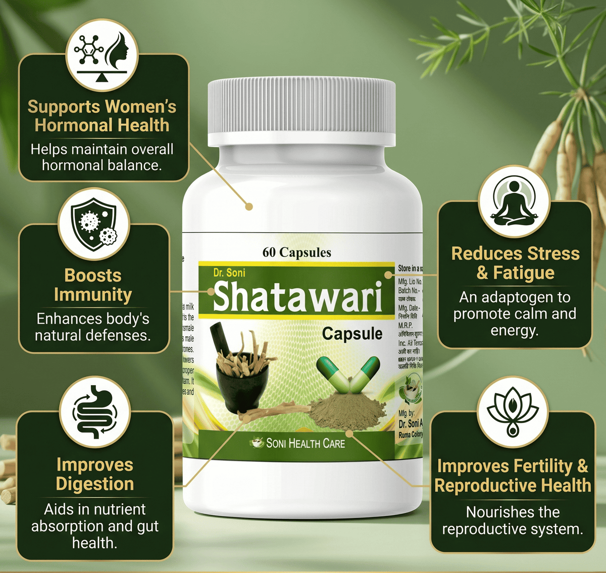 Dr. Soni Organic Shatavari Capsules for Women's Wellness Supplement (60 Capsule)
