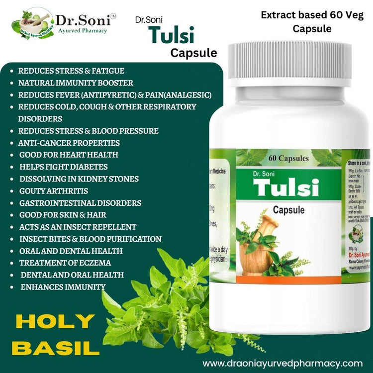 Dr.Soni Tulsi Extract Holy Basil Supplement Natural Immunity Booster & Respiratory Wellness for | Provides relief in Cough & Cold | Pure Herbs 500mg – 60 Vegetarian Capsules (Pack of 1)